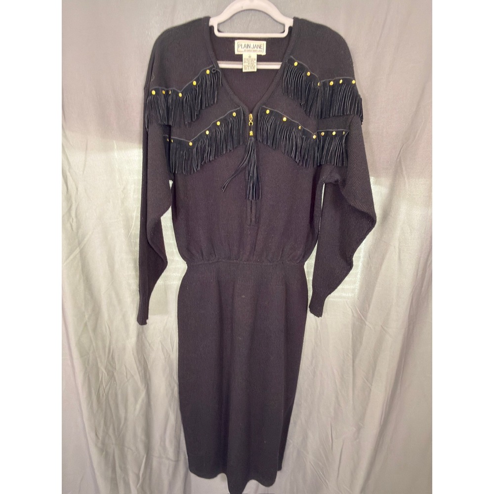 Plain Jane Vintage Western Fringe Studded Knit Midi Dress Black Tassel Size M
